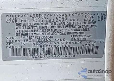 2018 Nissan Sentra S from USA, damaged, VIN 3N1AB7AP7JY256648